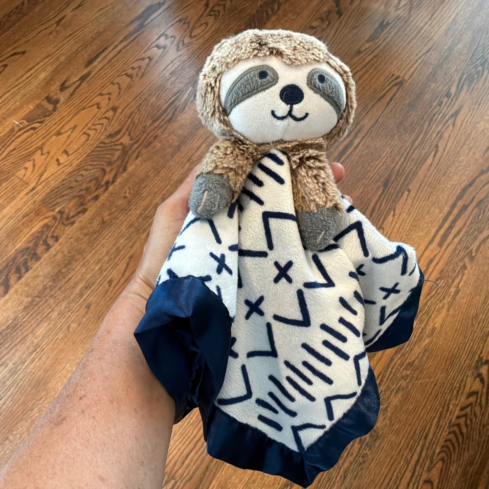 Cloud Island Sloth Baby Security Blanket Lovey Navy Blue White Geometric Satin
